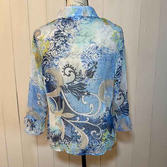 Nicola Sheer Floral Blue 3/4 Sleeves Top (Size Medium) - Picture 2 of 6